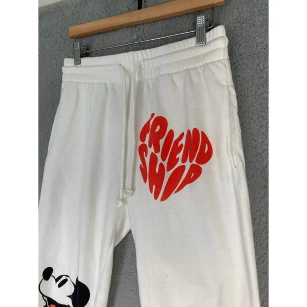 Disney Mickey Mouse Joggers Women M White Fleece Sweatpants Graphic Lounge